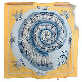 Hermès Seidentuch "Compagnons de Mer" Gelb und Blau Weiß Blau Beige Gelb