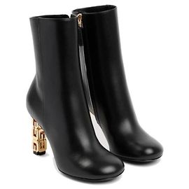 Givenchy G Cube Black Leather Ankle Boots with Gold Logo Heel Black