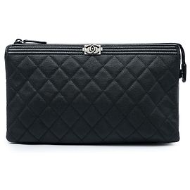 Chanel Black Quilted Caviar Boy O Case Zip Clutch Black