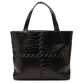 Autre Marque Saint Laurent Black Croc Embossed Leather Tote Black