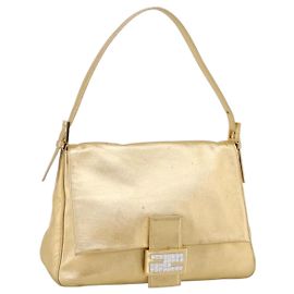 FENDI Mamma Baguette Shoulder Bag Leather Gold Auth BA16067SAM Golden