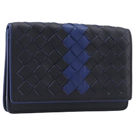 Bottega Veneta INTRECCIATO Kartenetui Leder Schwarz Blau Auth 205327M Schwarz Blau