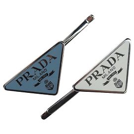 Ganchos de Cabelo PRADA Conjunto de 2 Presilhas de Metal Prata Azul Auth 206677M Prata Azul