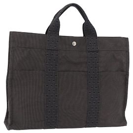 Hermès HERMES Her Line MM Hand Bag Canvas Gray Silver Auth 202502A Brown Silvery