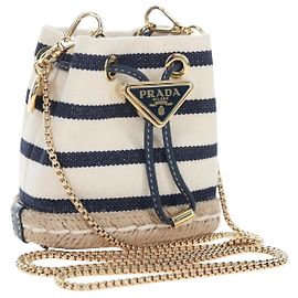 PRADA Chain Shoulder Pouch Canvas Navy Gold Auth LN217M Golden Navy blue
