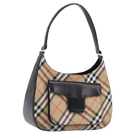 Bolso de hombro Burberrys Nova Check Canvas Beige Silver Auth 207696A Plata Beige