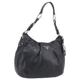 Bolso de hombro PRADA de piel negro plata BR4519 Auth am12738V Negro Plata