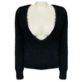 Dries Van Noten Pull duveteux noir à manches longues et col en V Noir