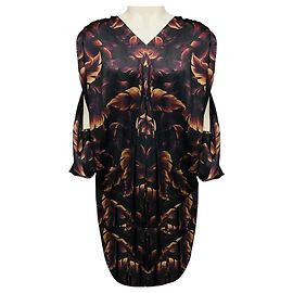 Lanvin Brown Multi Printed Draped Silk Dress with Open Sleeves Brown