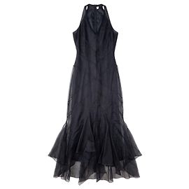 Roberto Cavalli 2000s Summer Tule Wrinkle Ruffle Maxi Dress Black
