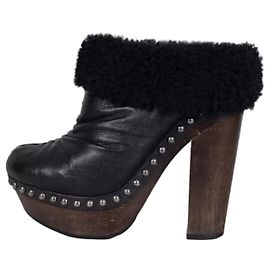 Miu Miu Black Leather Ankle Boots with Wooden Block Heel Size 36 Pre-owned Other