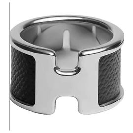 Anillo Hermès "H" en plata y piel negra Negro Multicolor