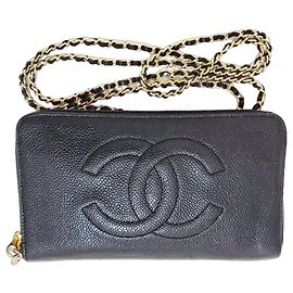 Carteira Chanel Timeless Classic Couro Caviar Zip Around com Corrente Preto
