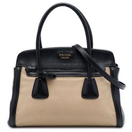 Mala Satchel Prada em lona com acabamentos em couro Saffiano bicolor bege Bege