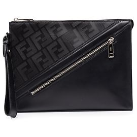 Fendi Black Zucca Shadow Calfskin Diagonal Front Zip Clutch Black