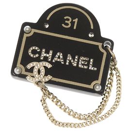 Chanel Coco Mark Faux Pearl Stone Brooch Black Golden
