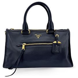 Borsa Satchel Convertibile Prada Vitello Phenix Medium con Zip Anteriore Blu navy