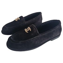 Chanel Black Suede CC Loafers Black
