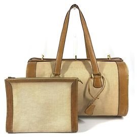 Hermès Hermes Beige Leather and Canvas Vanity Bag Brown Beige