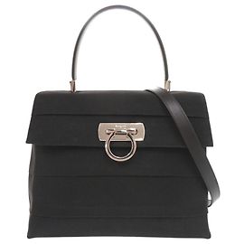 Salvatore Ferragamo Gancini Canvas Leather Handbag Black