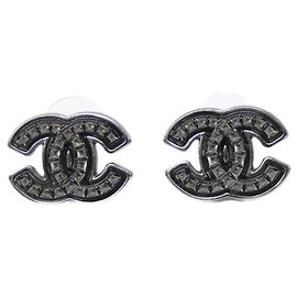 Pendientes de botón Chanel ABD564 Negro Plata