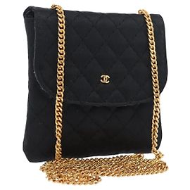 CHANEL Matelasse Chain Shoulder Pouch Satin Black Gold CC Auth 206434A Noir Doré