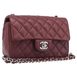Bolsa CHANEL Mini Matelasse 20 com corrente em pele de cordeiro Bordeaux Prata CC Auth 206388SM Prata Bordeaux
