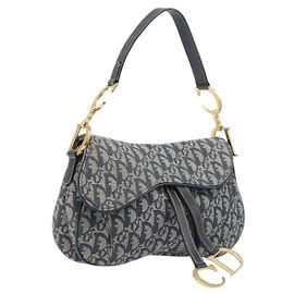 Bolsa Double Saddle Christian Dior Trotter Canvas Navy Gold Tone Auth 206654V Outro Azul marinho