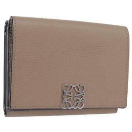 LOEWE Anagram Trifold Wallet Leather Beige Silver Auth 205328M Silvery Beige