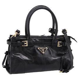 Bolsa PRADA Bonnie em couro 2way Preta Ouro Auth BA15756SAM Preto Dourado