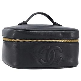 CHANEL Vanity Cosmetic Pouch Caviar Skin Black Gold CC Auth BA16061V Black Golden