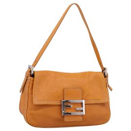 Bolsa de Ombro FENDI Mamma Baguette em Couro Marrom Prata Auth ep16384A Marrom Prata
