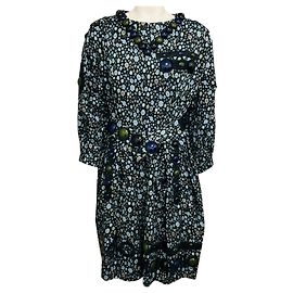 Vestido de algodón floral Marc Jacobs azul marino con adornos de piedras multicolor y cinturón Azul marino