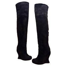 Bottega Veneta Black Suede Wedge Over-the-Knee Boots Size 37 Black