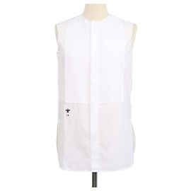 Christian Dior White Cotton Bee Embroidered Button Up Sleeveless Top White