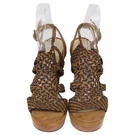 Jimmy Choo Brown,Black Woven Leather Ankle Strap Platform Sandals Brown Black