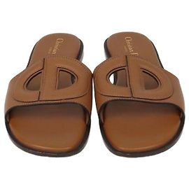 Christian Dior Brown Leather D-Club Flat Slides Brown