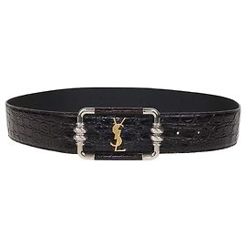 Autre Marque Cinturón Saint Laurent de piel con relieve de cocodrilo marrón choco y hebilla cuadrada con logo Negro