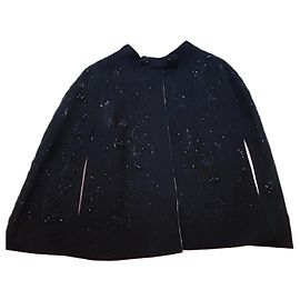 Prada Capa em Lã Preta Bordada Preto