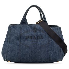 Borsa Tote Prada Denim Canapa Logo Blu Blu