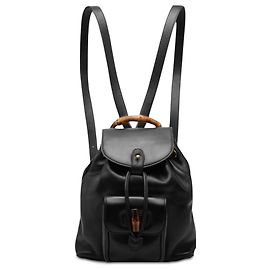 Mini mochila Gucci de piel de becerro negra con cordón y bambú Negro