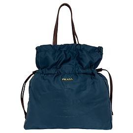 Saco Tote de nylon Tessuto Pocono e couro com cordão e logótipo Prada Marrom Azul