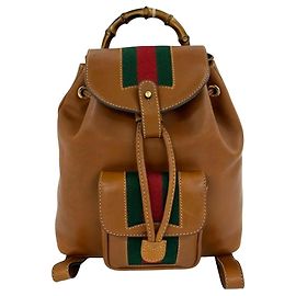Mochila Gucci Vintage Sherry Line de cuero y bambú Castaño Roja Verde