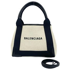 Balenciaga Cabas Navy Canvas Leather Handbag Black Cream