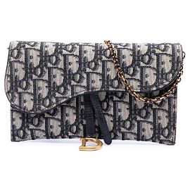 Autre Marque Dior Blue Oblique Canvas Saddle Wallet On Chain Blue Navy blue