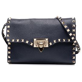Valentino Borsa a Tracolla Rockstud con Chiusura Blue in Pelle di Vitello Martellata Medium Blu Blu navy