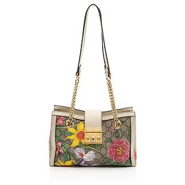 Mala Tote Small Gucci GG Supreme Flora Padlock Marrom Bege