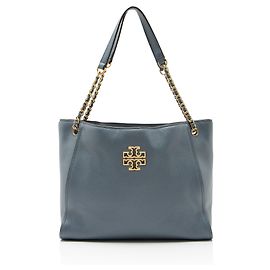 Tory Burch Leather Britten Small Slouchy Tote Blue
