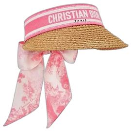 Christian Dior Viseira de palha com faixa rosa e lenço Rosa Branco Palha