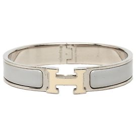 Hermès Bracelet Gourmette Émaillé Hermes Click H GM Marron Argenté Écru